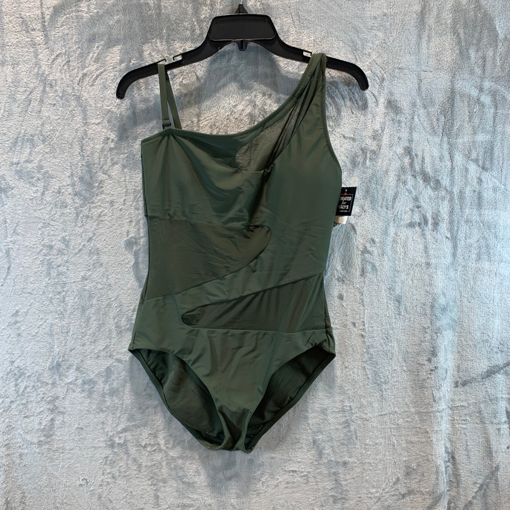 Bar III Womens One Shoulder Mesh Cutout Swimsuit Amazon Green MBNB23232 Medium‎